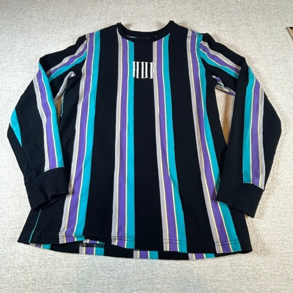 Huf Men's Black Purple Teal Striped Cotton Long Sleeve Shirt MD
